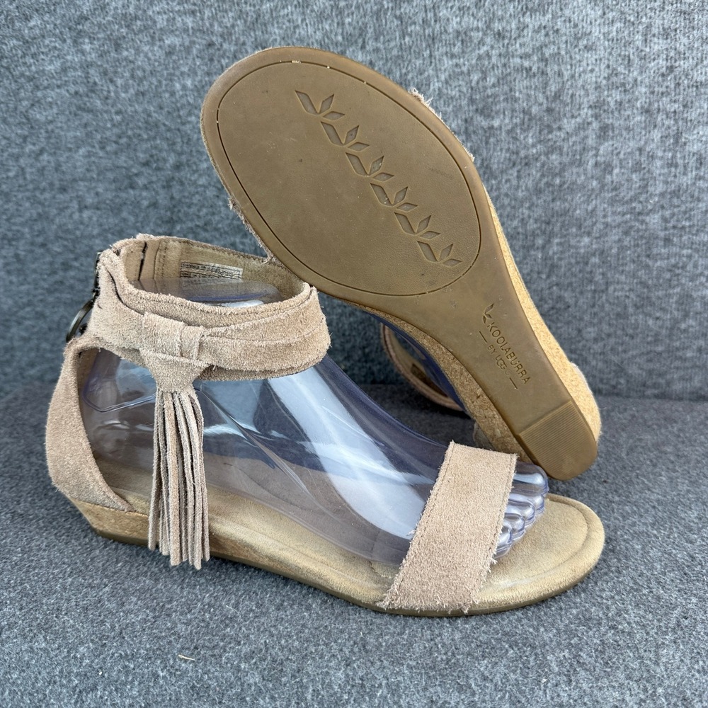 Koolaburra by UGG Wedge Ankle Sandals Women 8 Taupe Suede Fringe Tassel Boho